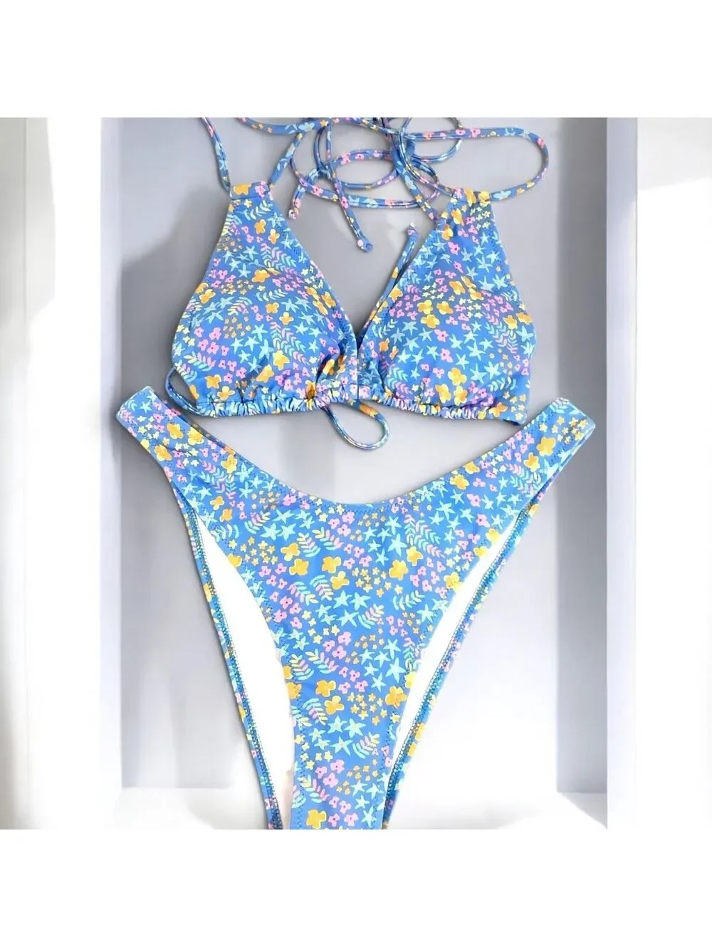 NWOT Peulox Two Piece High Cut String Tie Cut Triangle Bikini Swimsuit, L (8-10)